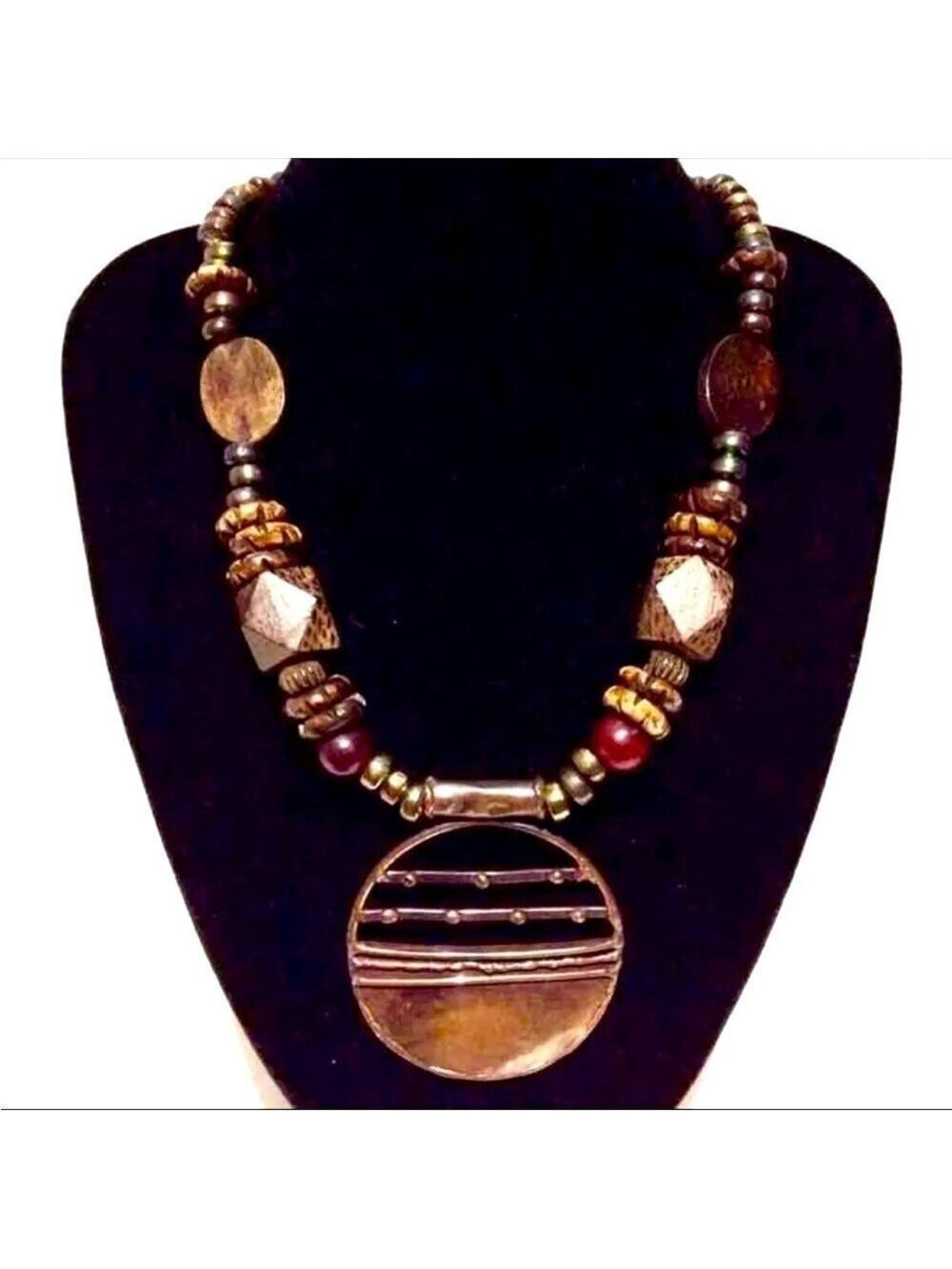 Antique African Tribal Ethnic Copper Pendant w/ Wood & Hematite Beaded N…